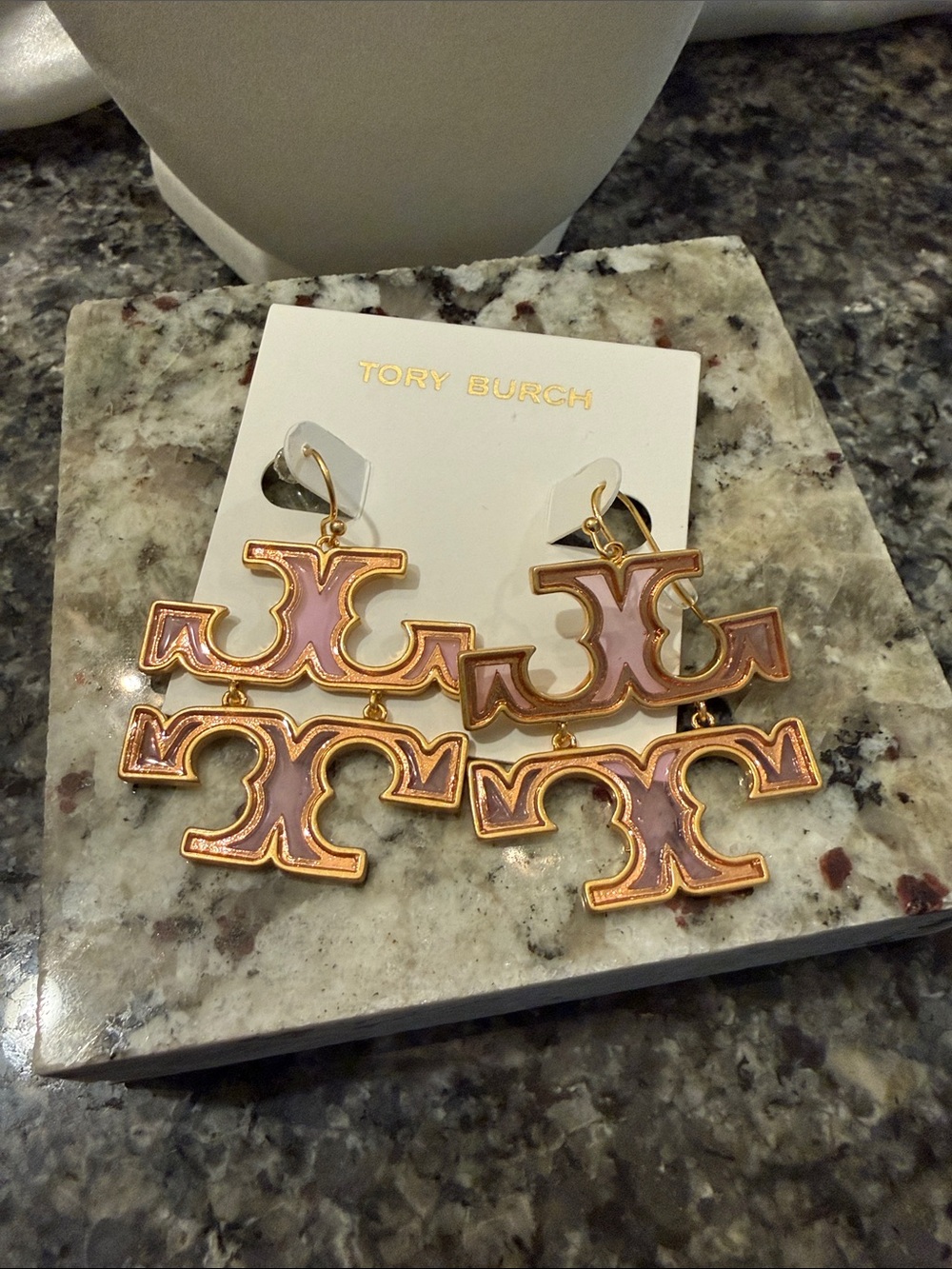 Tory Burch Pink & Gold Double-Logo Dangle Earrings